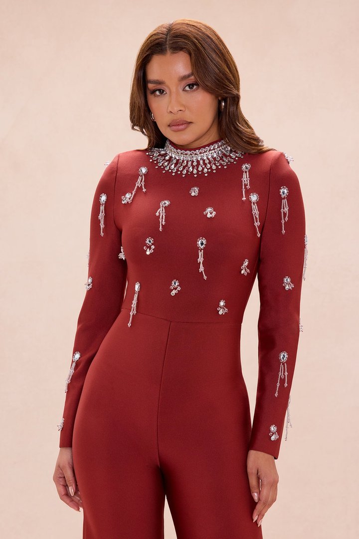 Tatum Rhinestone Bandage Jumpsuit - Copper
