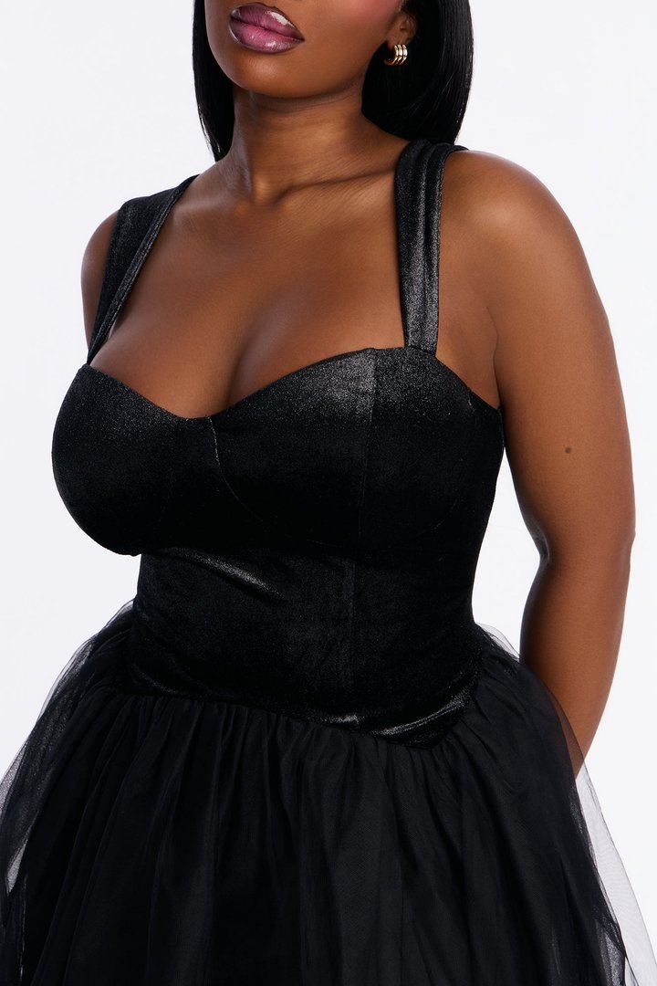 Constanza Velvet Tulle Midi Dress - Black