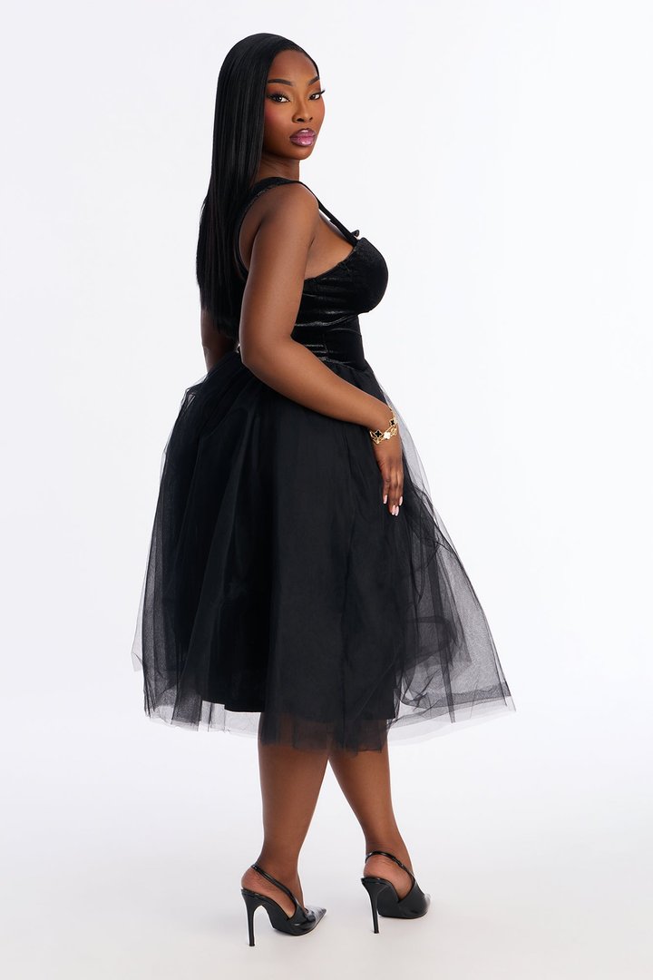 Constanza Velvet Tulle Midi Dress - Black