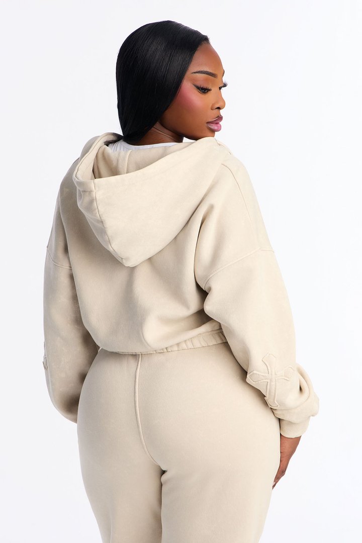 Don't Cross Me Washed Fleece Lounge Hoodie - Stone