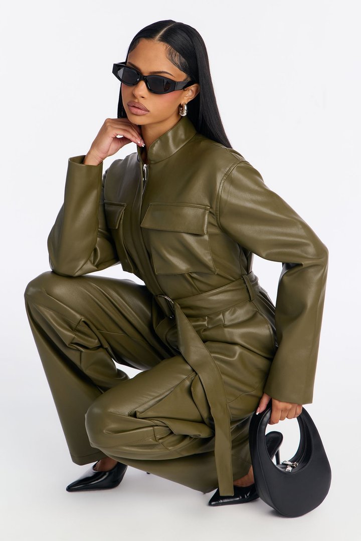Downtown Faux Leather Cargo Straight Leg Jumpsuit - Olive