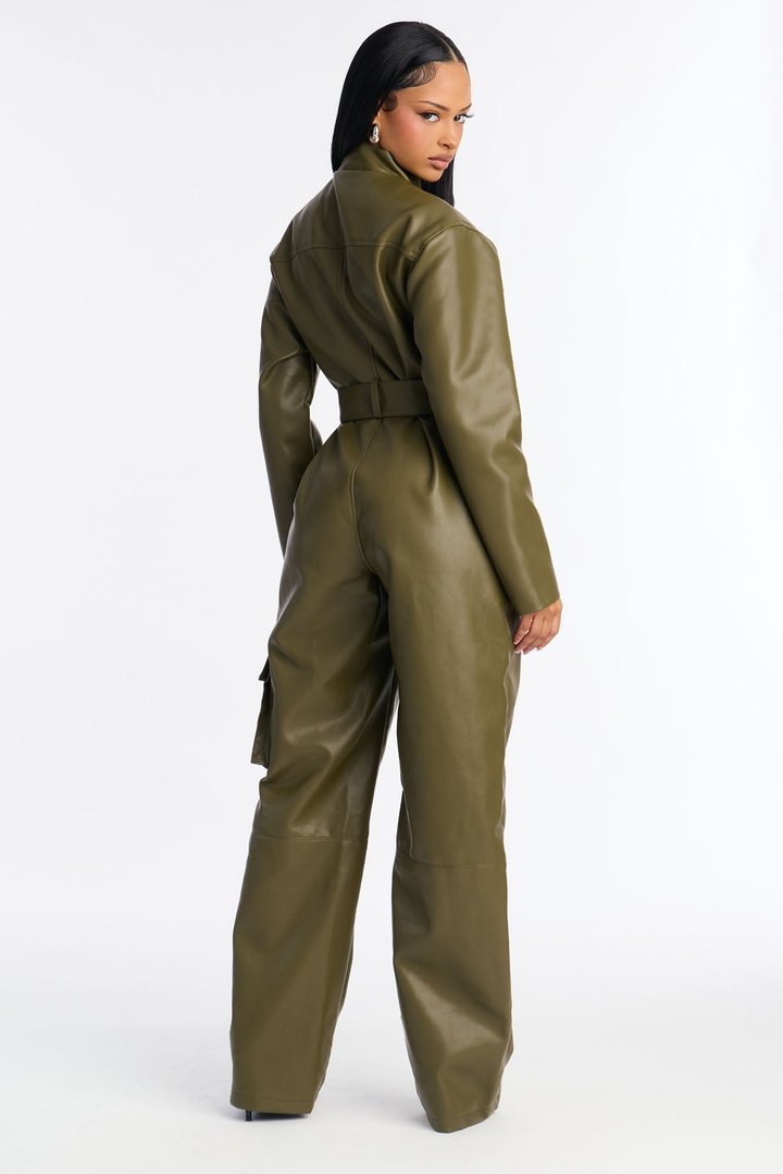 Downtown Faux Leather Cargo Straight Leg Jumpsuit - Olive