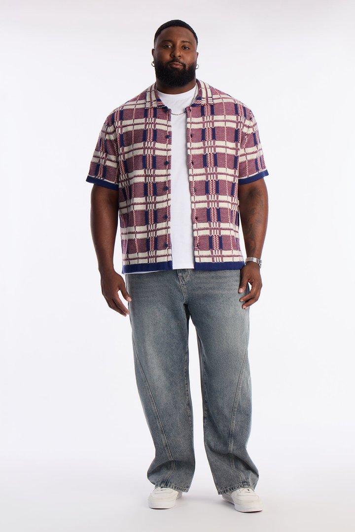 Crosshatch Closed Collar Button Up Shirt - Red