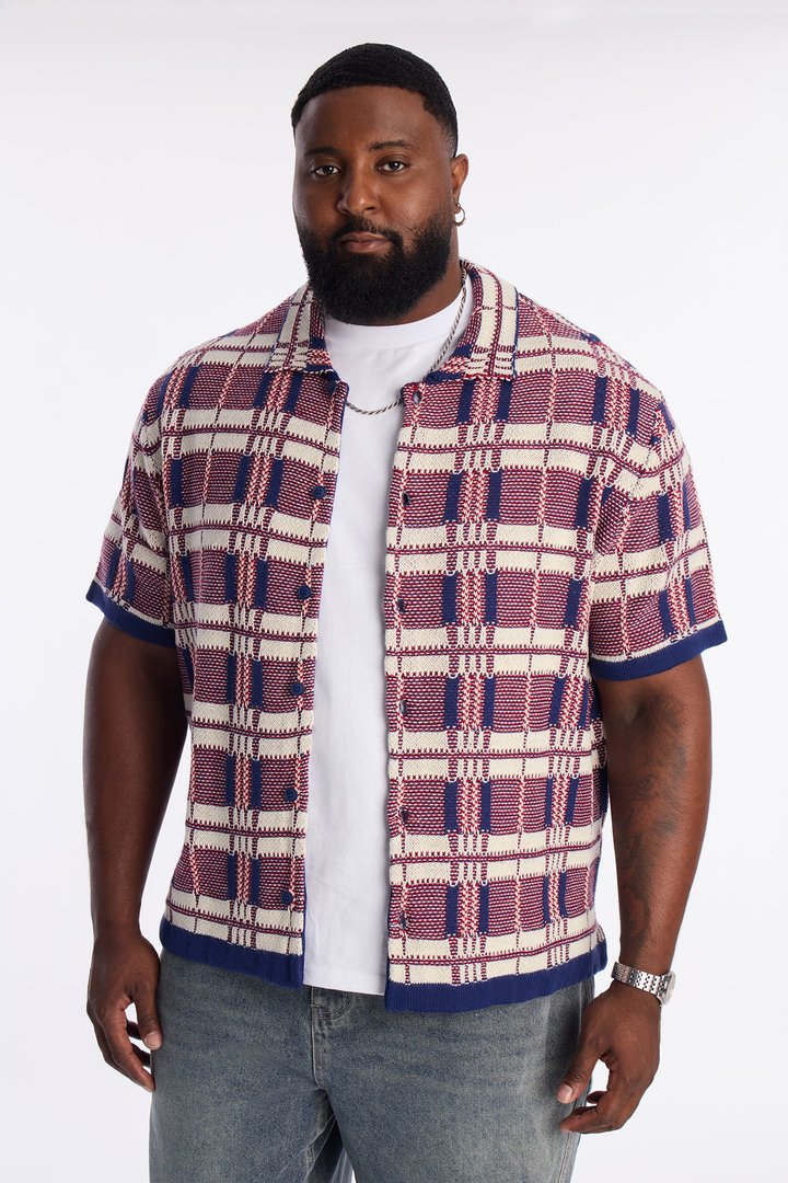 Crosshatch Closed Collar Button Up Shirt - Red
