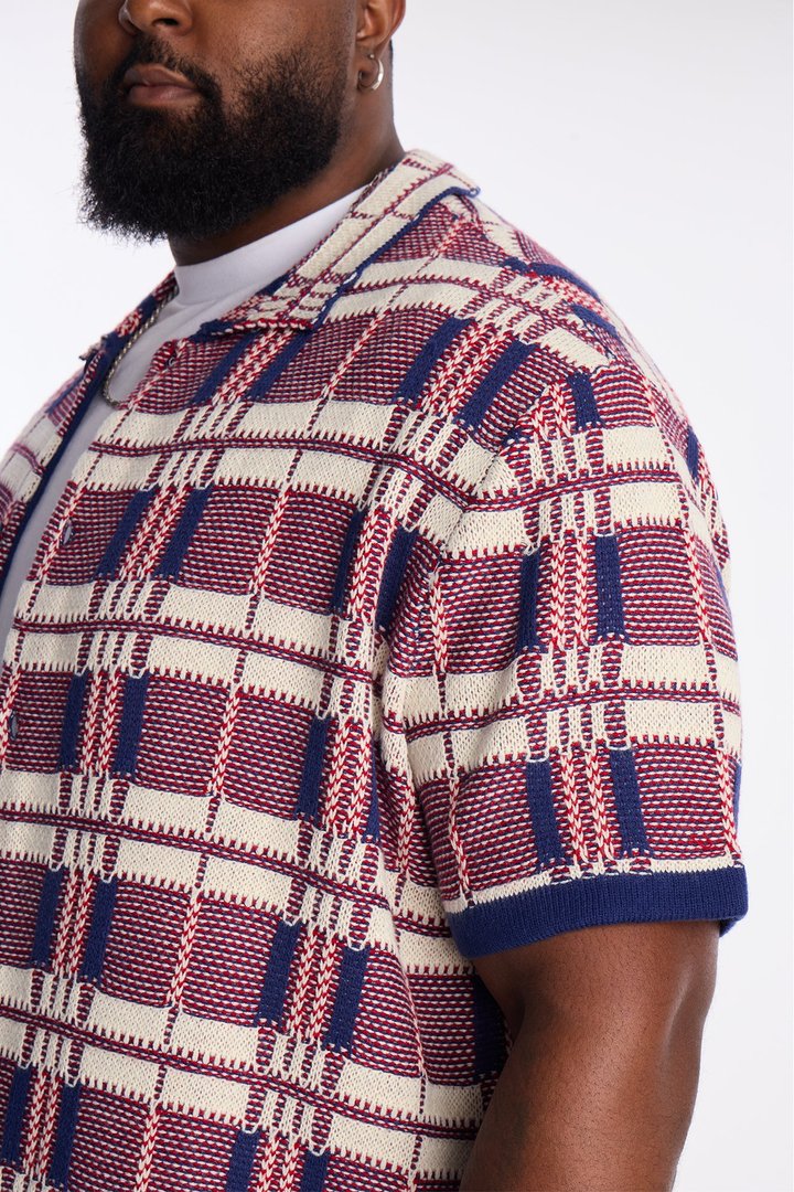 Crosshatch Closed Collar Button Up Shirt - Red