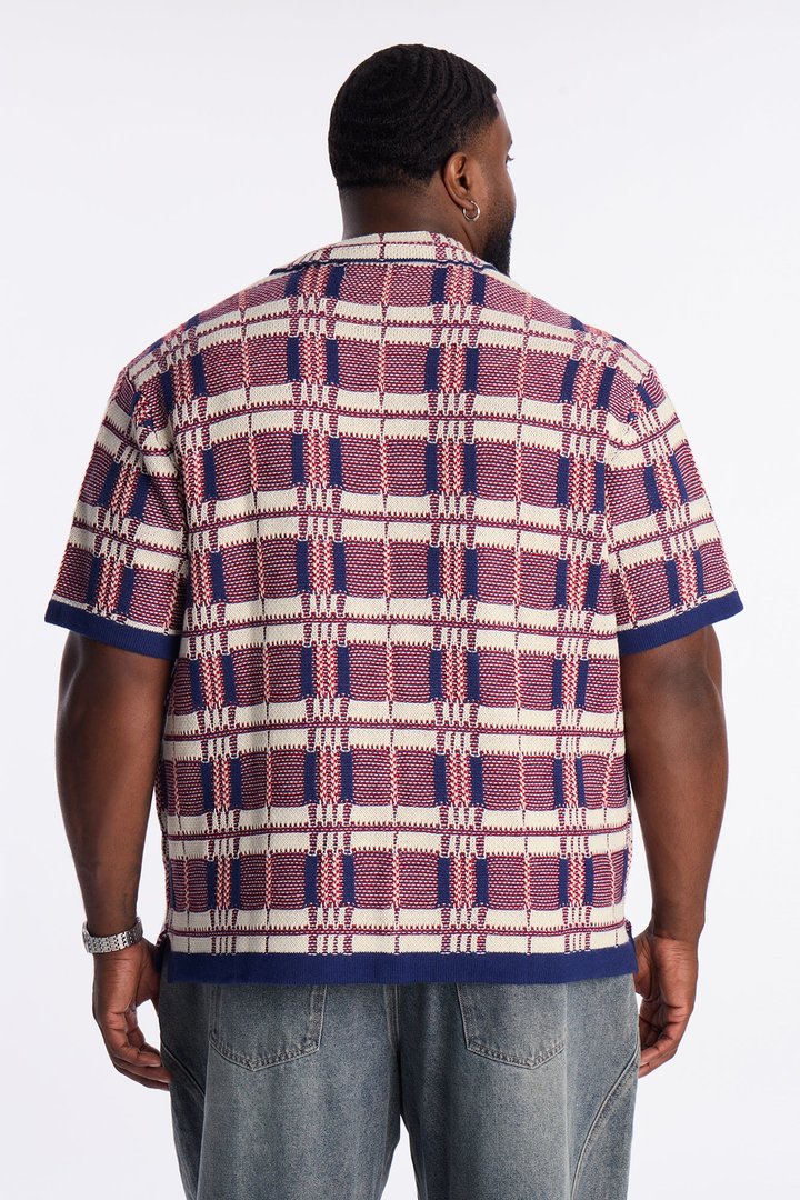 Crosshatch Closed Collar Button Up Shirt - Red