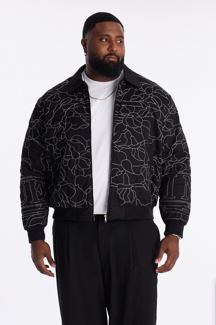 In Bloom Contrast Stitched Bomber Jacket - Black