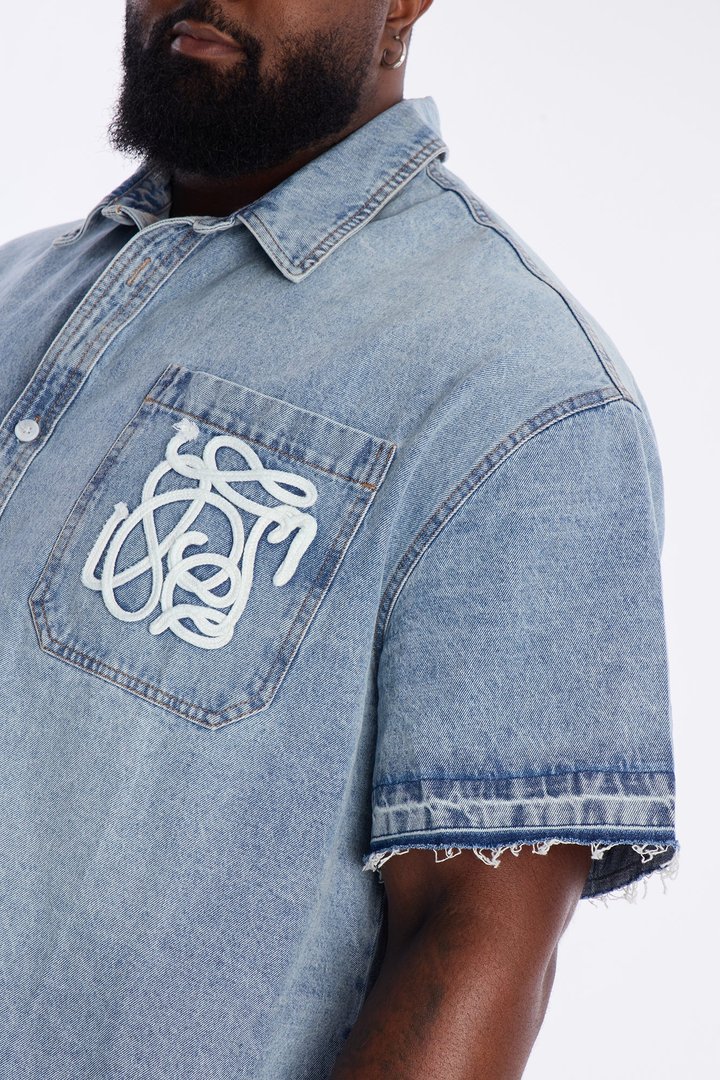 Relaxed Cropped Coastal Applique Denim Shirt - Light Blue Wash