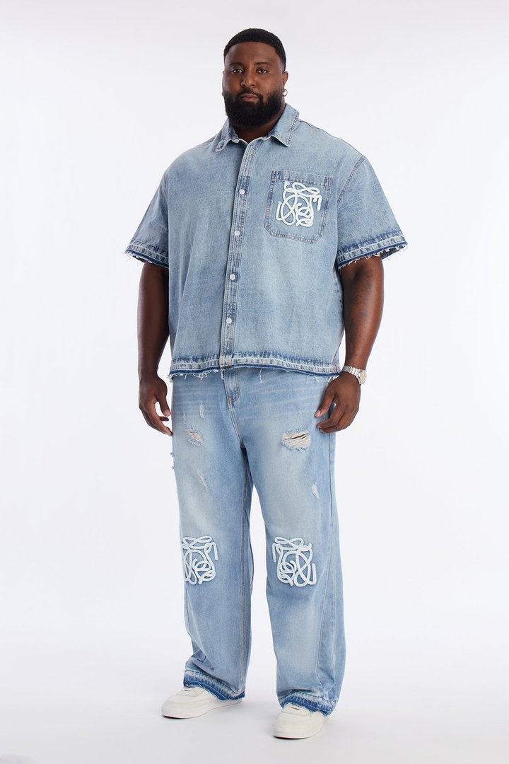 Baggy Coastal Applique Jean - Light Blue Wash
