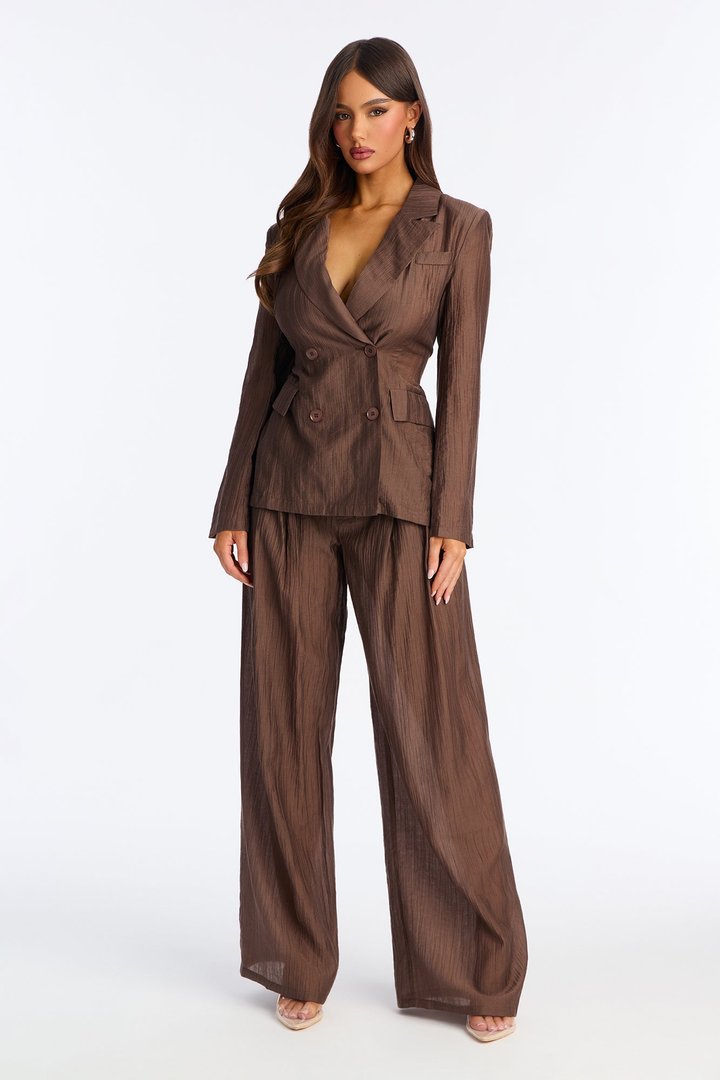 Serenity Sheer Blazer Pant Set - Chocolate