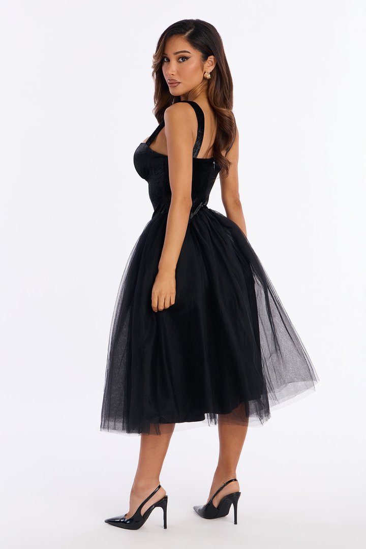 Constanza Velvet Tulle Midi Dress - Black