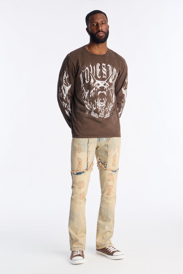 Stacked Skinny Flare Distressed With Frayed Jeans - Vintage Blue Wash