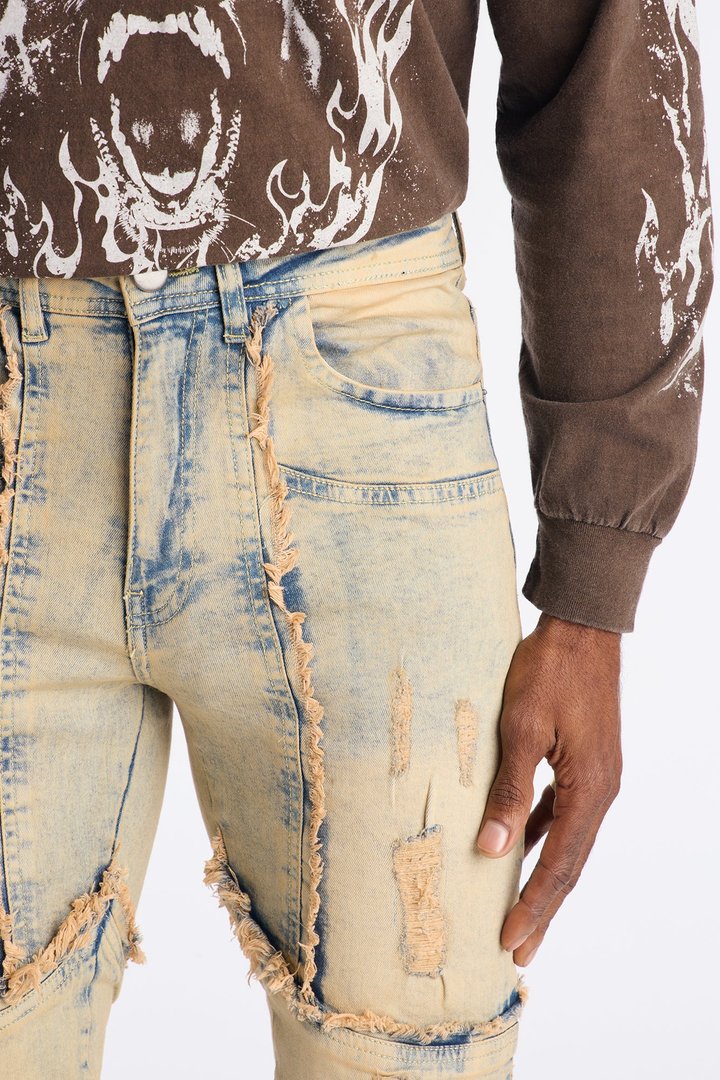 Stacked Skinny Flare Distressed With Frayed Jeans - Vintage Blue Wash