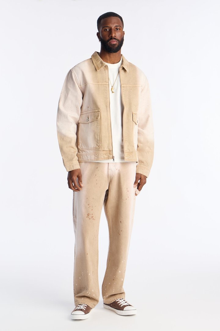 Spot Stained Cropped Denim Work Jacket - Tan