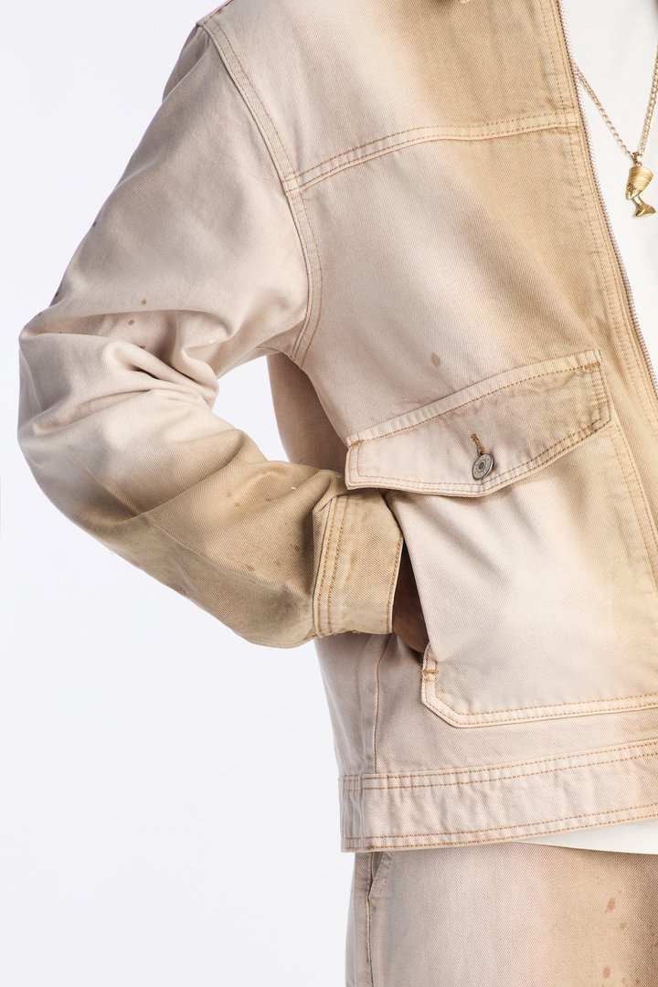 Spot Stained Cropped Denim Work Jacket - Tan