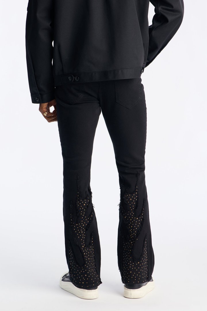 Stacked Skinny Flare Jeweled In Flames Jeans - Black