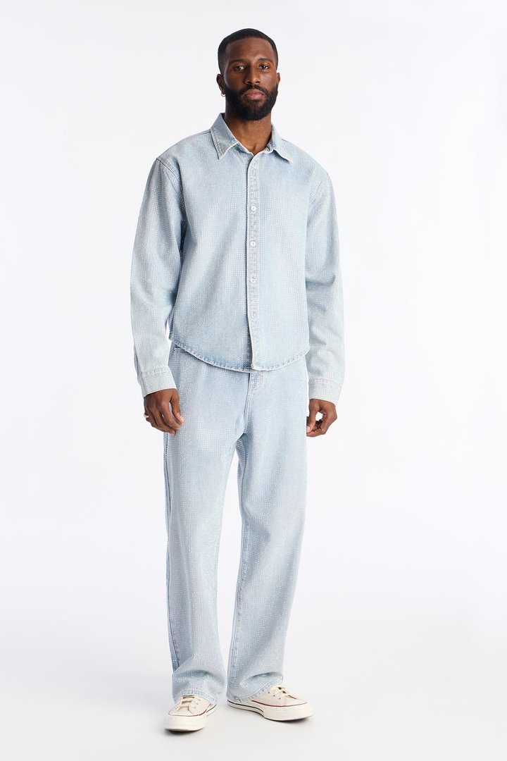 Jeweled Diamond Drift Denim Button Up Shirt - Light Blue Wash