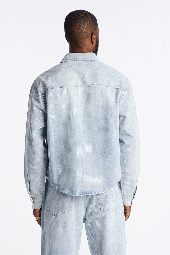 Jeweled Diamond Drift Denim Button Up Shirt - Light Blue Wash