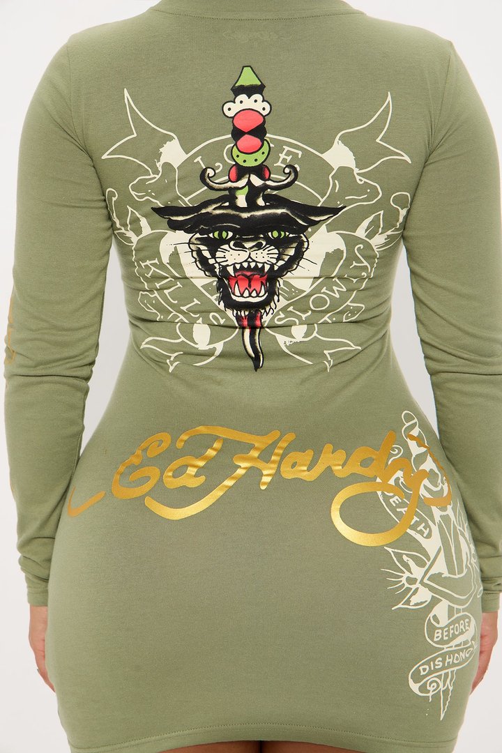 Ed Hardy Dagger Heart Long Sleeve Mini Dress - Olive