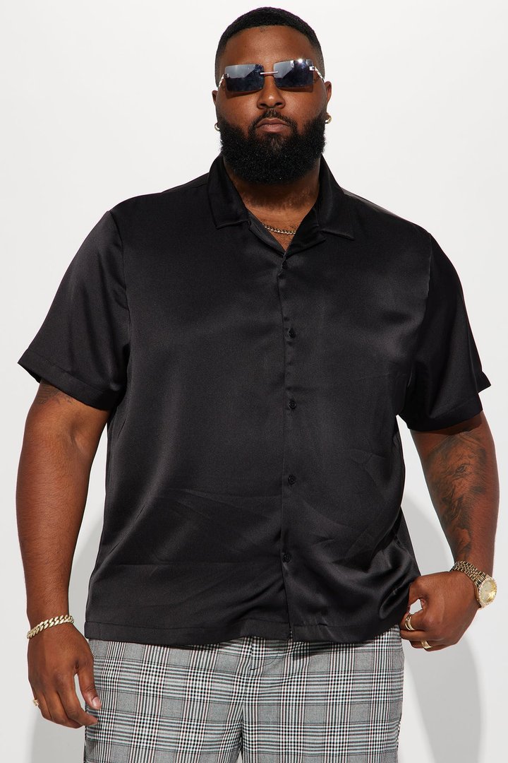 Links Satin Short Sleeve Button Up Shirt - Black