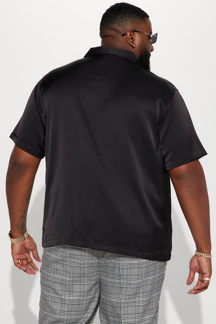 Links Satin Short Sleeve Button Up Shirt - Black