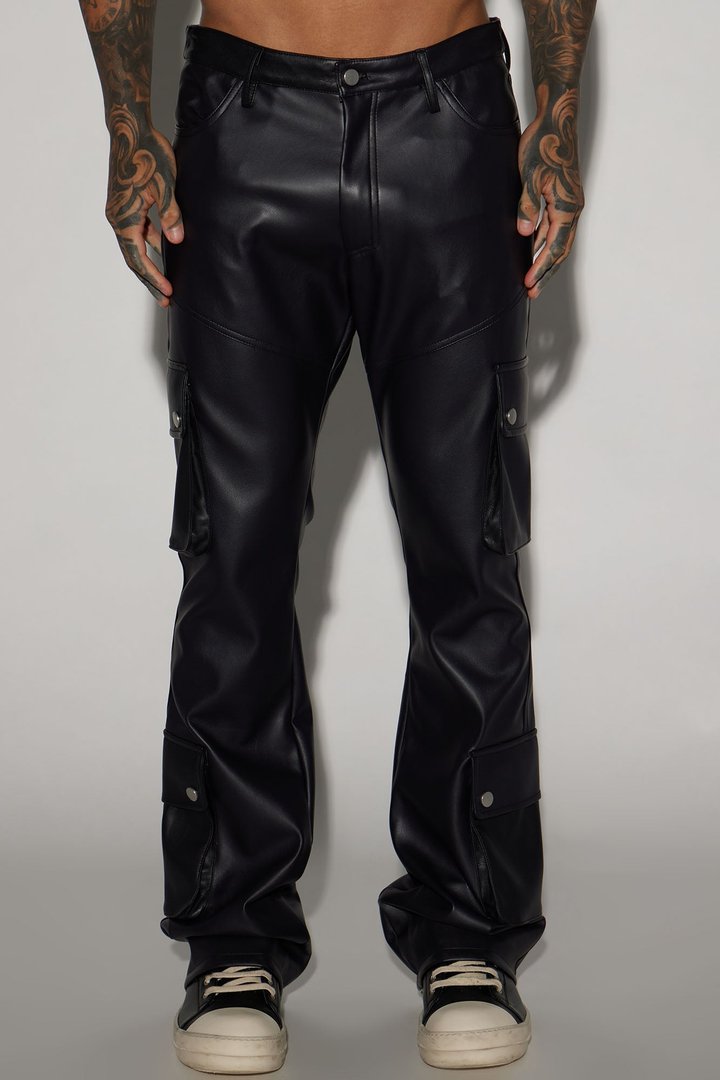 Name Of Love Faux Leather Stacked Slim Flare Pants - Black