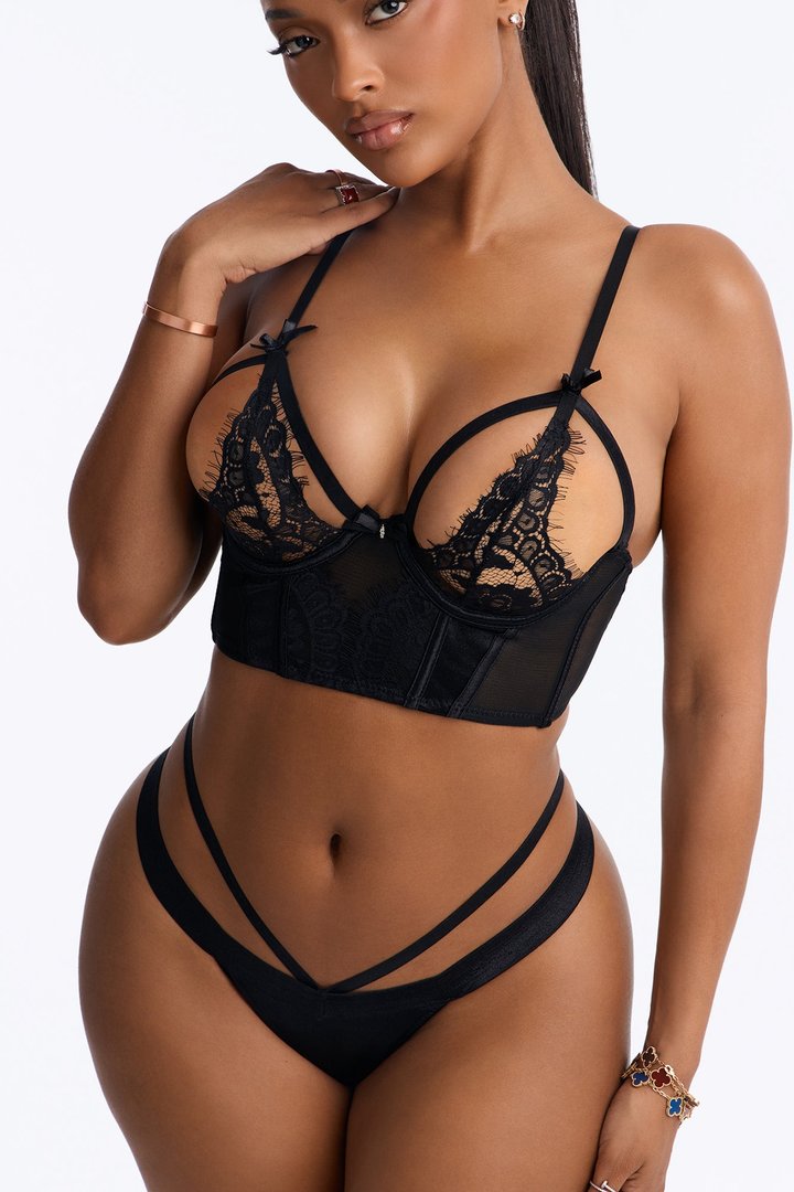 All For You Satin Longline Open Cup Underwire Strappy Panty 2 Piece Set - Black