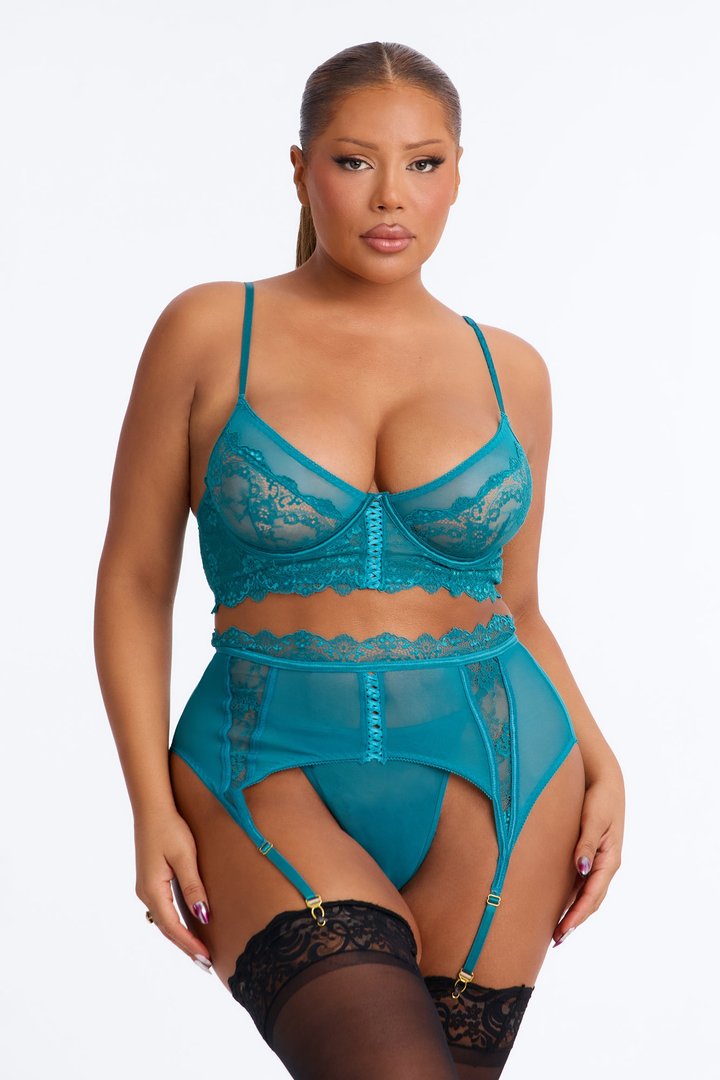 Locked Me Up Sheer Underwire Lace Trim Garter Belt 3 Piece Set - Teal