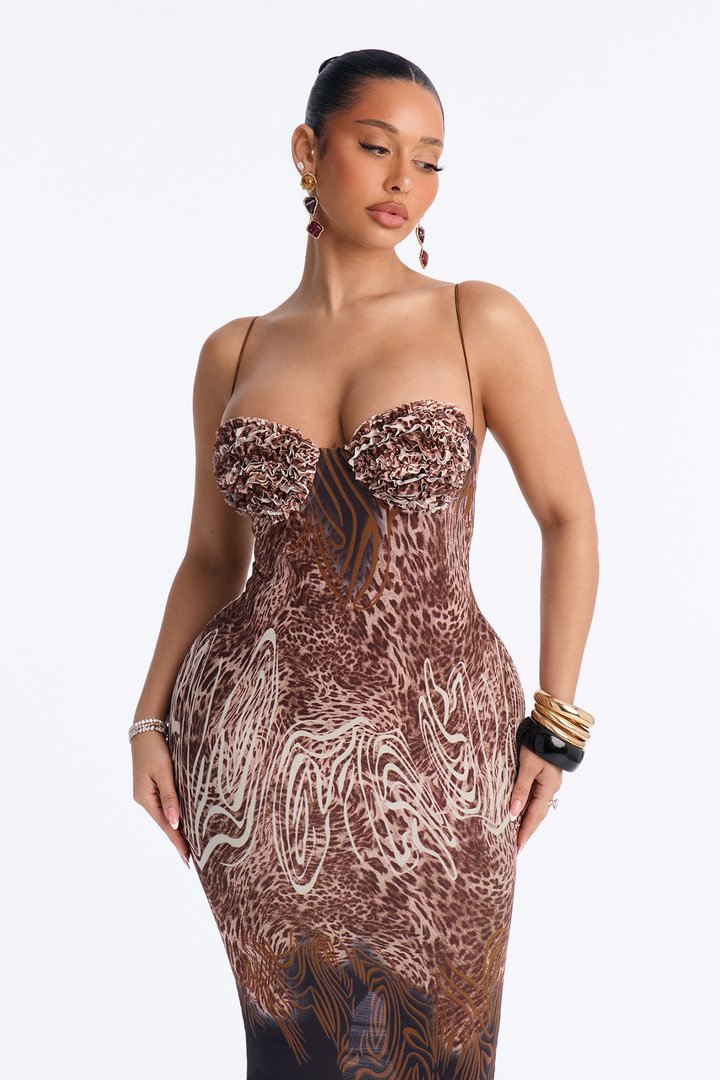 Not For The Weak Ruffle Mesh Midi Dress - Brown/combo