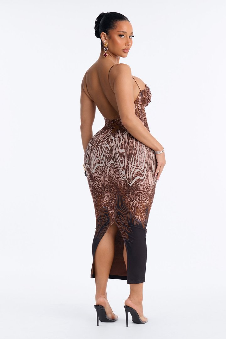 Not For The Weak Ruffle Mesh Midi Dress - Brown/combo