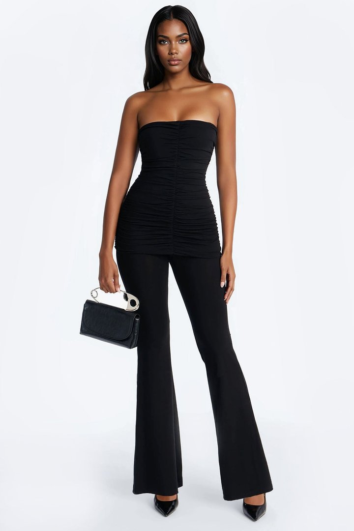 Adalina Ruched Flare Leg Pant Set - Black
