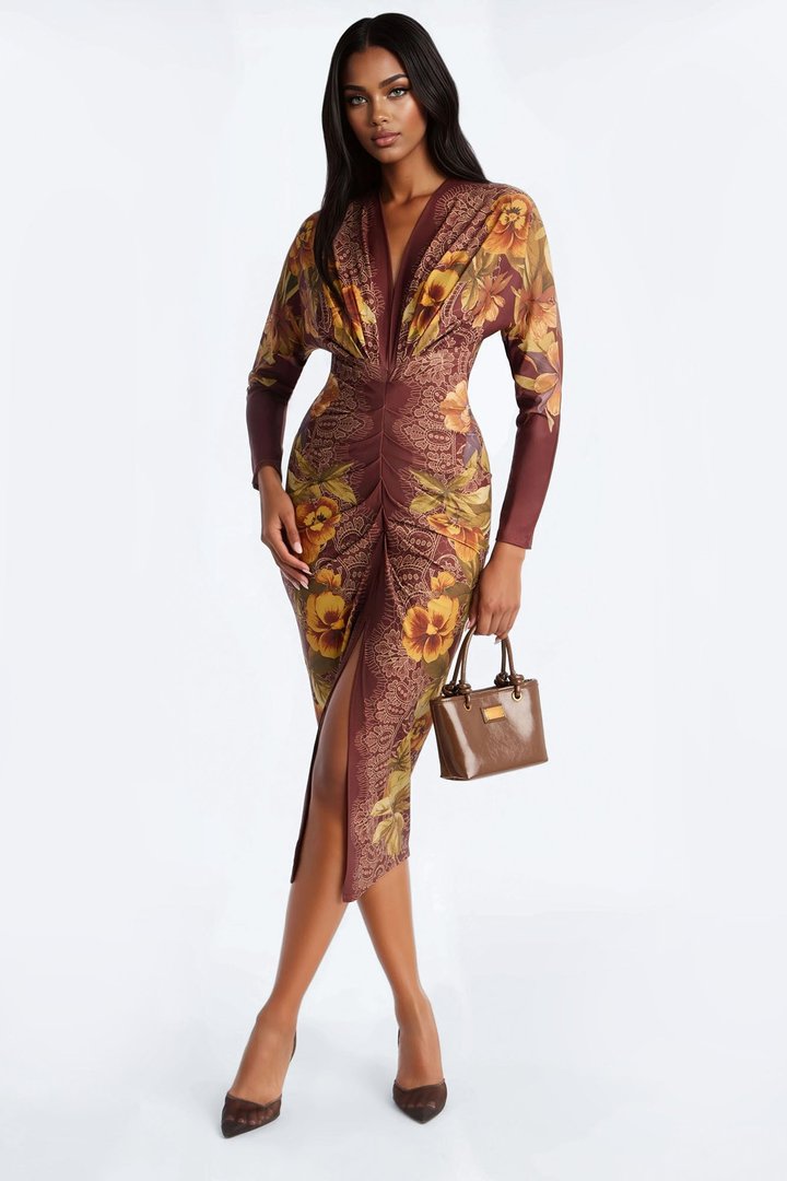 European Dreaming Long Sleeve Midi Dress - Brown/combo