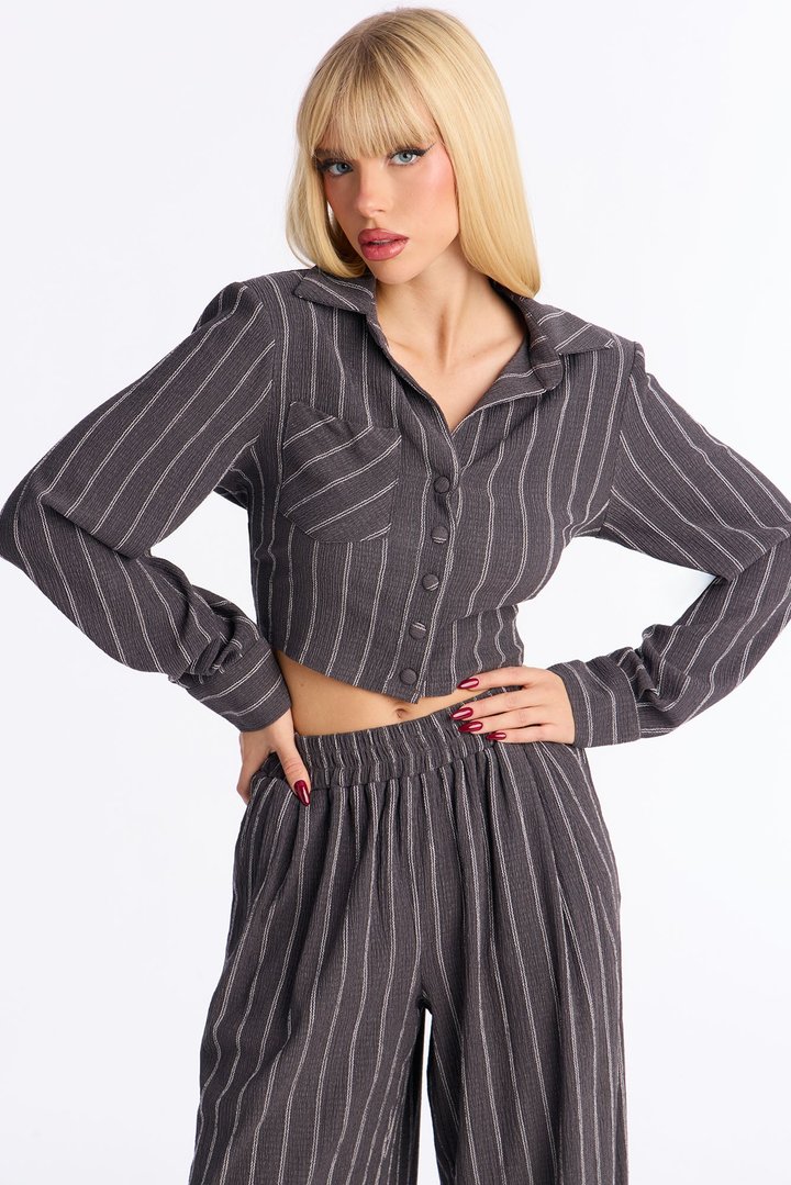 Set The Tone Textured Pinstripe Pant Set - Charcoal
