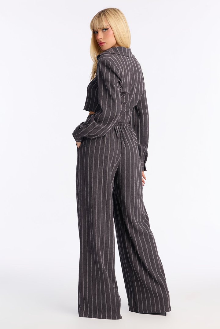 Set The Tone Textured Pinstripe Pant Set - Charcoal