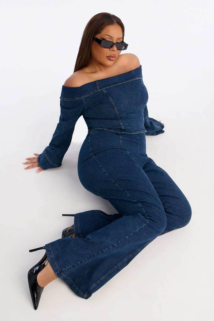 City Lights Off Shoulder Denim Flare Pant Set - Medium Wash