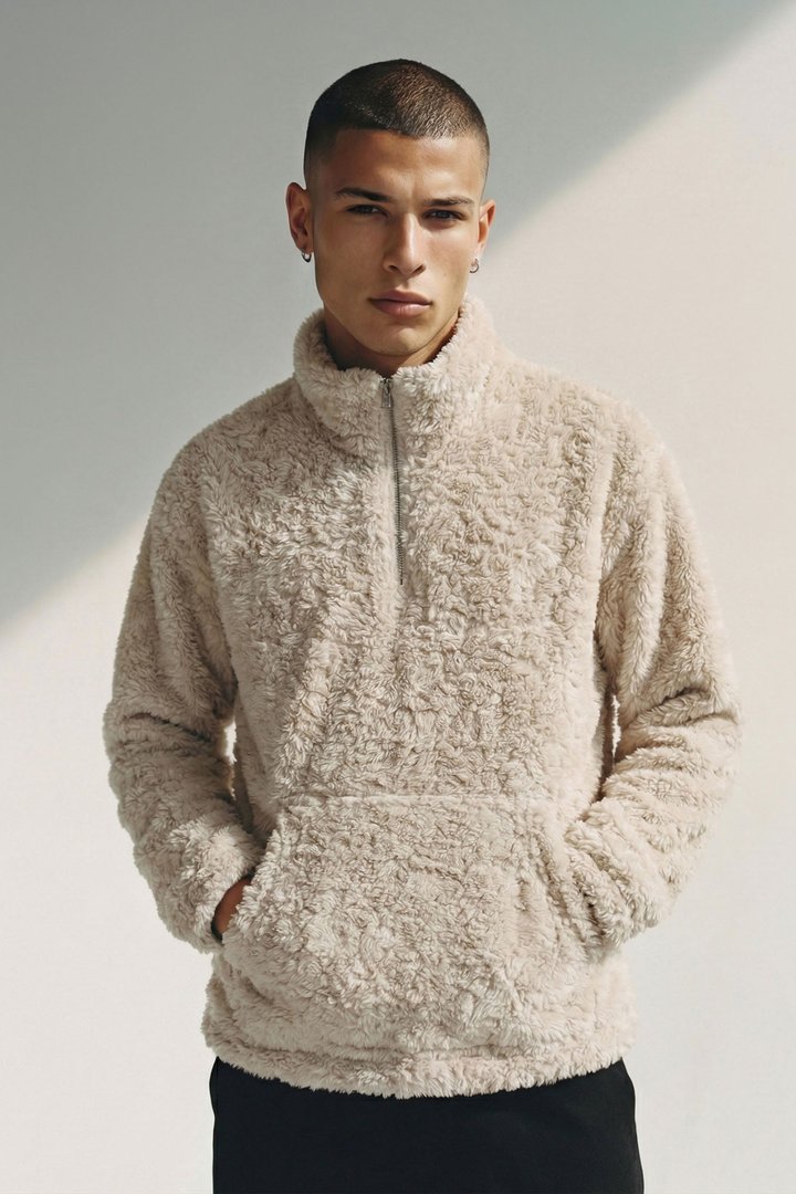 Relaxed Quarter Zip Faux Fur Jacket - Cream