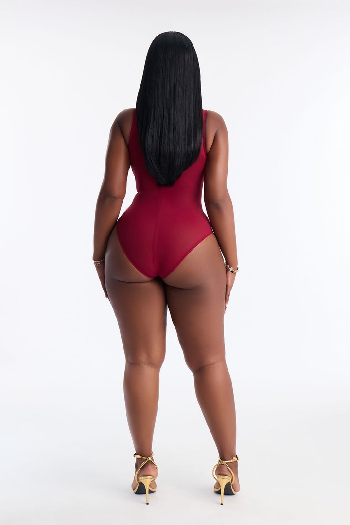 Power Mesh Deep V Neck Sleeveless Bodysuit - DarkRed