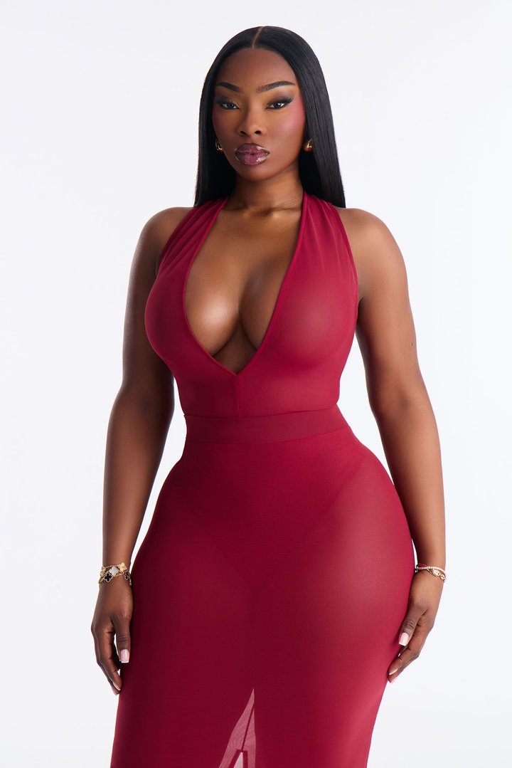 Power Mesh Deep V Neck Sleeveless Bodysuit - DarkRed