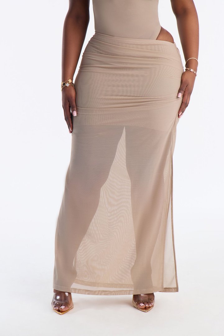Power Mesh Ruched Maxi Skirt - Olive
