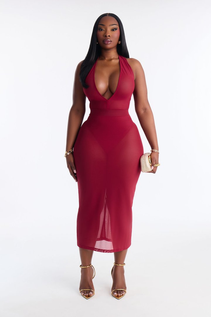Power Mesh Deep V Neck Sleeveless Bodysuit - DarkRed
