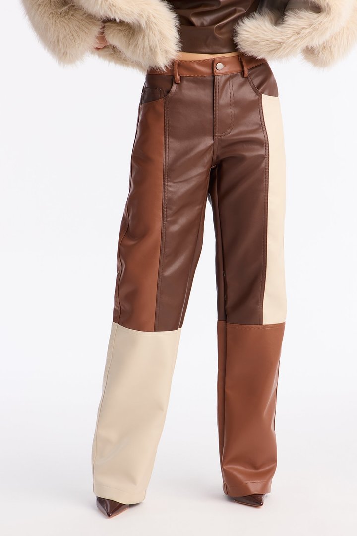Mixed Feelings Faux Leather Straight Leg Pant 32″ - Brown/combo