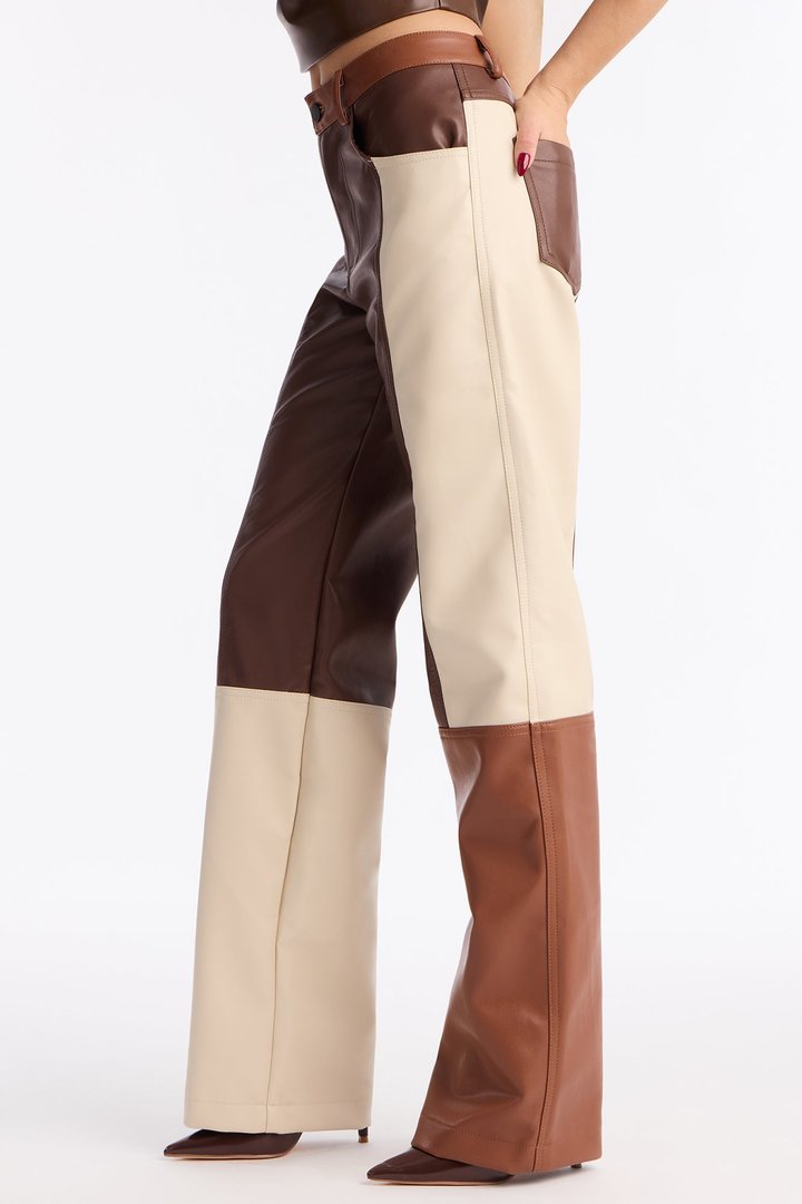Mixed Feelings Faux Leather Straight Leg Pant 32″ - Brown/combo