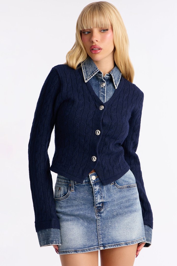 All Too Well Denim Contrast Cable Knit Cardigan - Navy/combo