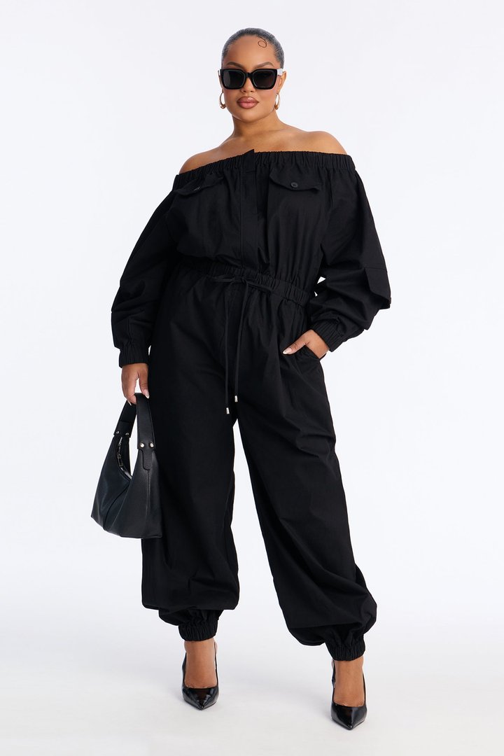 Tasha Off Shoulder Balloon Leg Jumpsuit - Black