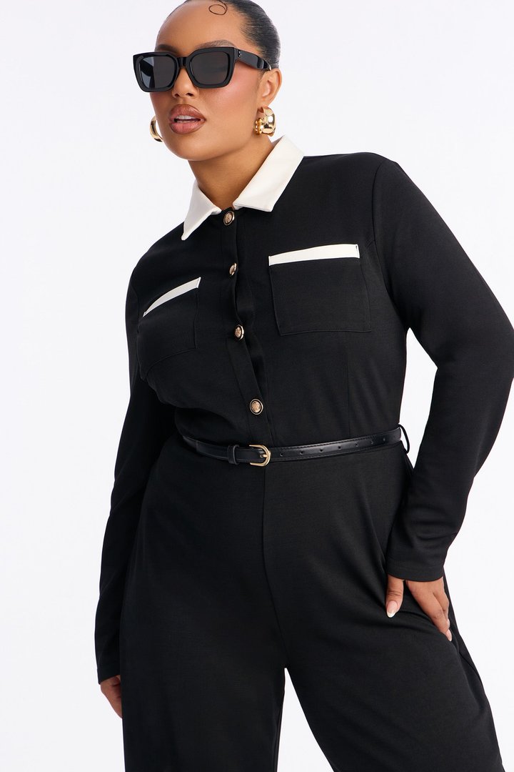 Coco Belted Collar Long Sleeve Jumpsuit - Black
