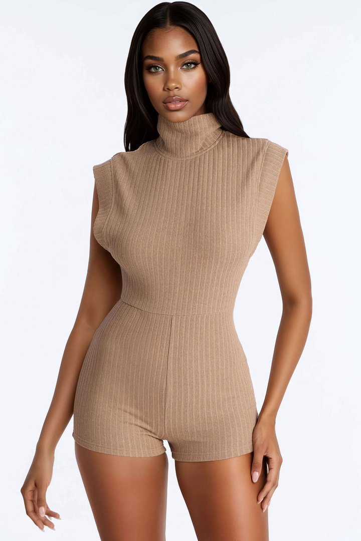 Liliana High Neck Knit Romper - Mocha