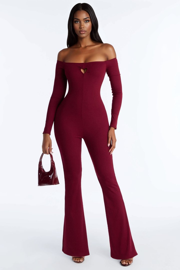 So In Love Ribbed Flare Leg Jumpsuit - Wine