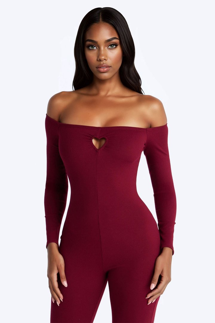 So In Love Ribbed Flare Leg Jumpsuit - Wine