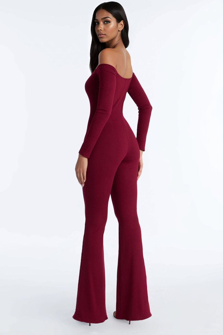 So In Love Ribbed Flare Leg Jumpsuit - Wine
