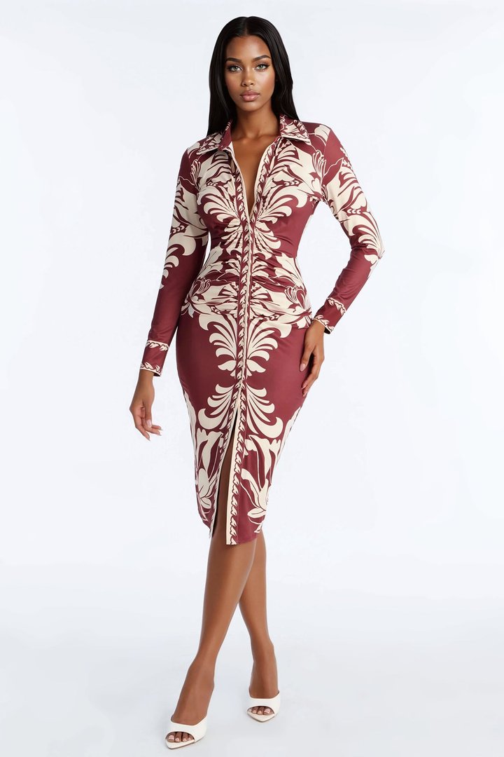 Andi Button Up Midi Dress - Rust/combo